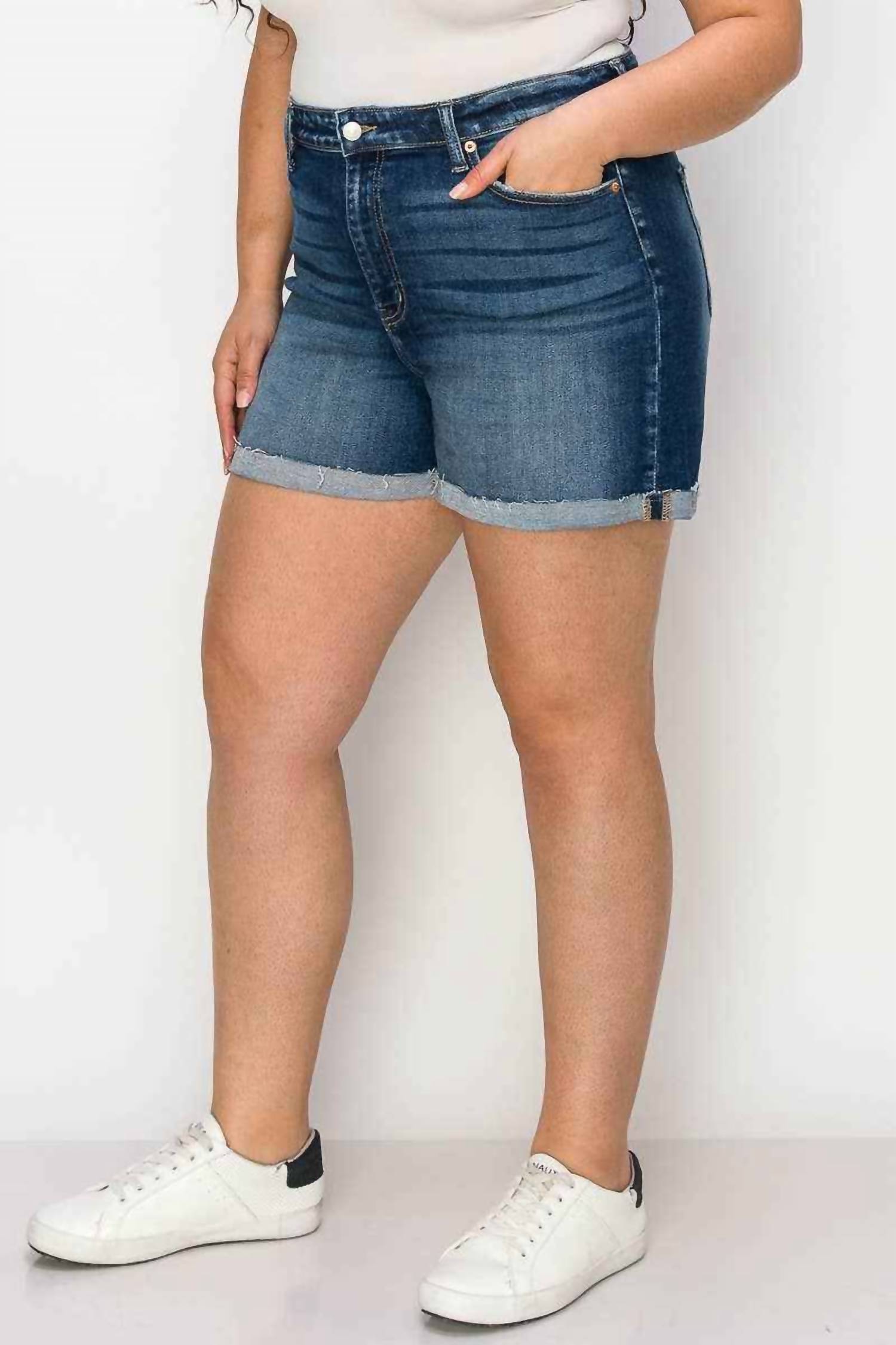 Artemis Vintage High Rise Stretch Midi Cuff Short - Plus in dark blue - women's shorts - alternate view