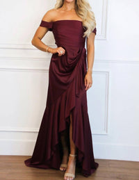 Maniju - Renna Off Shoulder Satin Ruffle Maxi Dress