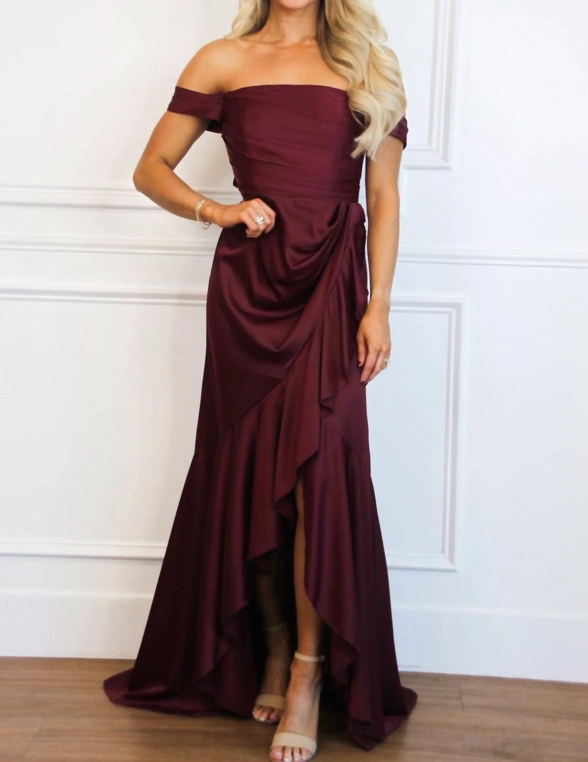 Maniju - Renna Off Shoulder Satin Ruffle Maxi Dress