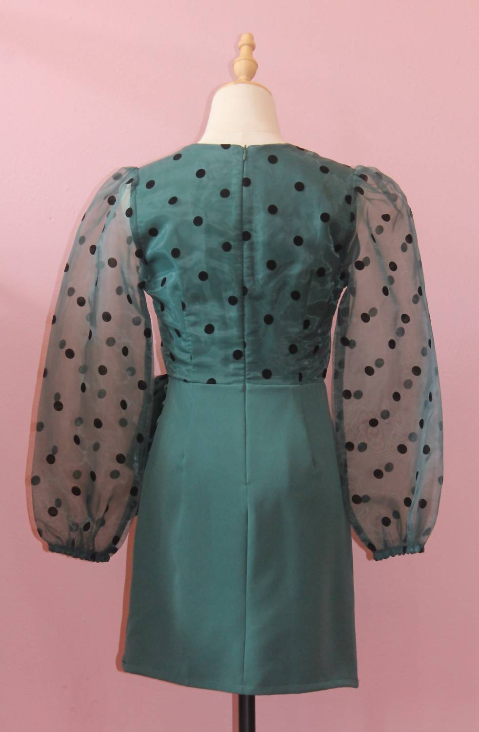 TCEC Women's Polka Dot Dress in hunter green - women's dress - detail view