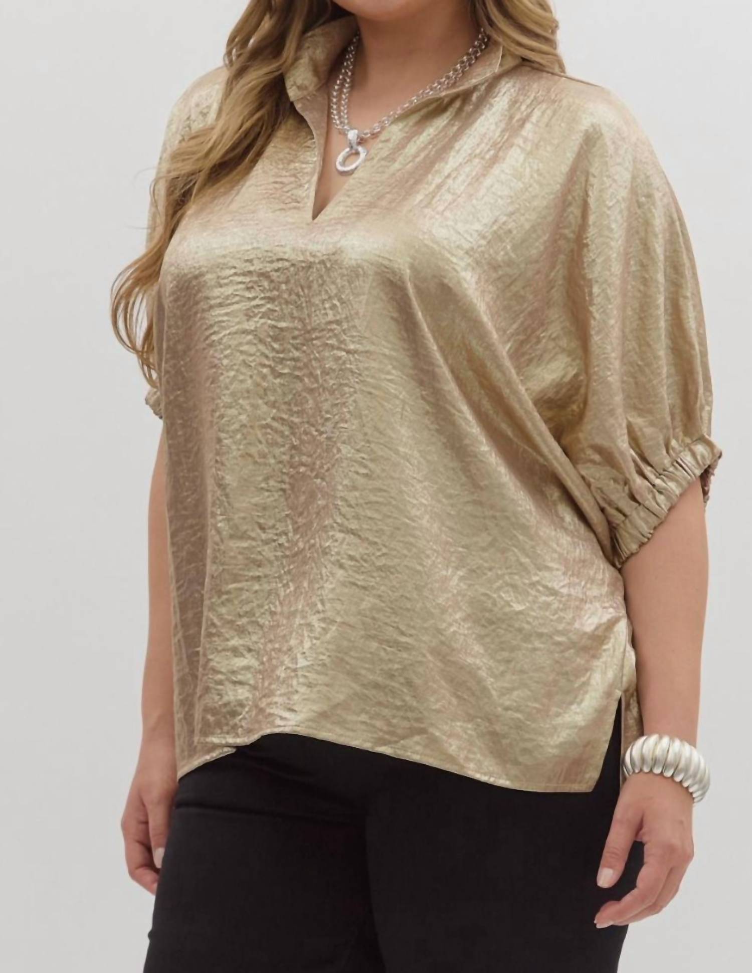entro Metallic V-neck Blouse in gold - women's blouse - detail view