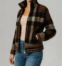 Kori - High Neck Zip Up Plaid Sweater Cardigan With Pocket