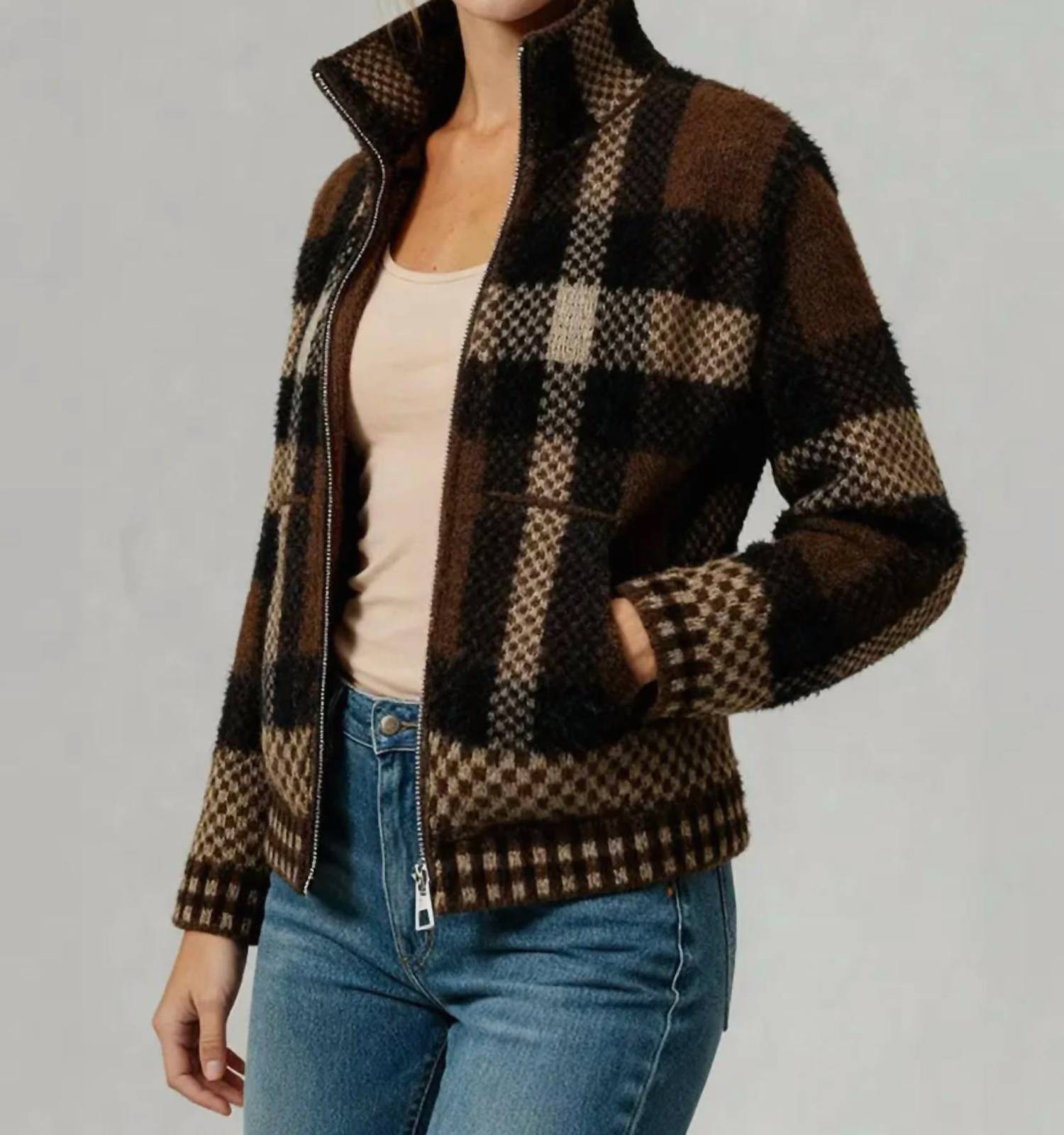 Kori - High Neck Zip Up Plaid Sweater Cardigan With Pocket