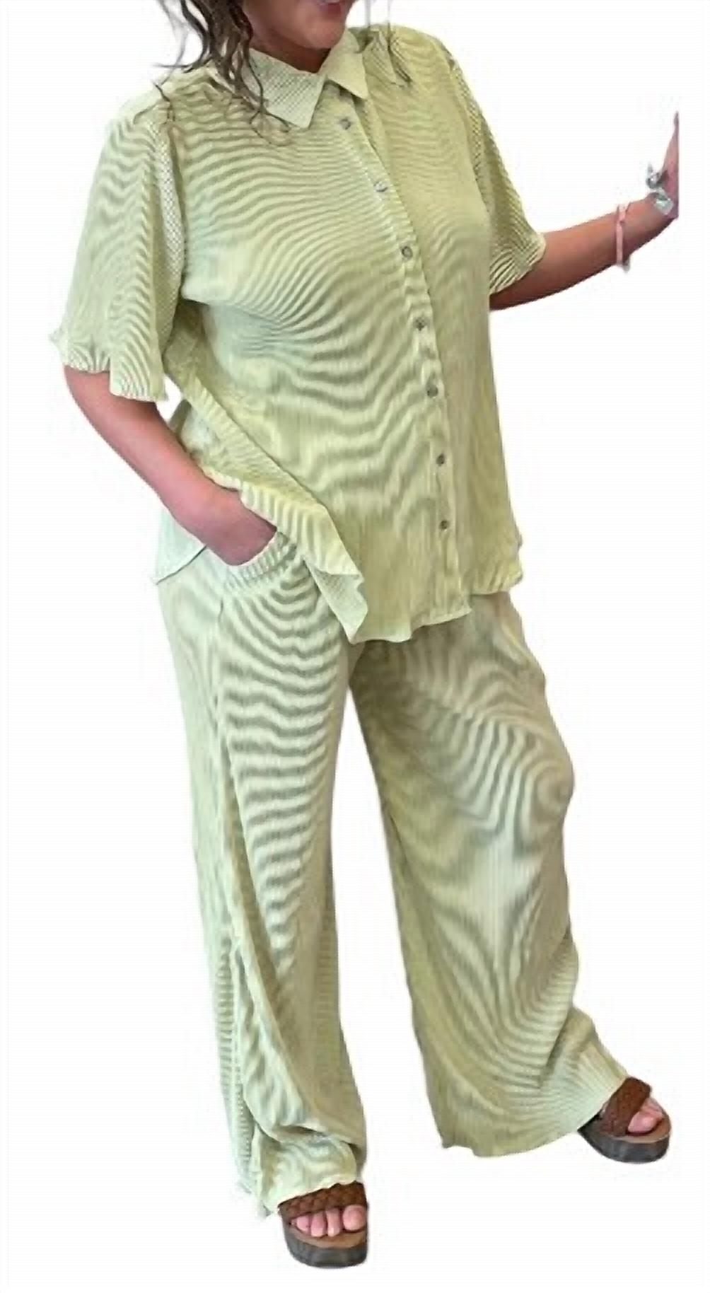 She + Sky - Plisse Button Down Top With Pants