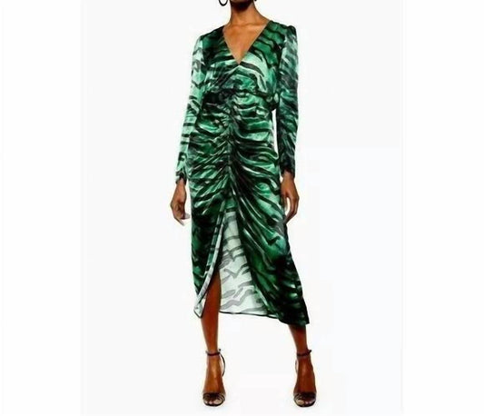 Topshop - Zebra Print Ruched Puff Sleeve Satin Midi Dress