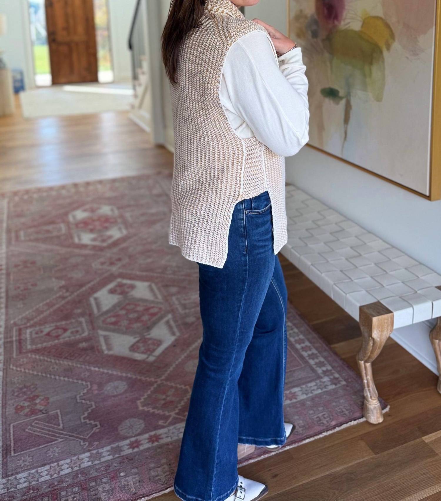 TRIBAL Wrap Me Up Sleeveless Sweater Vest in honey and cream - women's jacket - detail view
