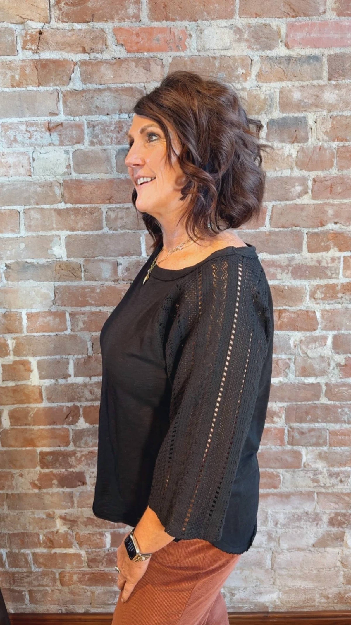 Mododoc - Quarter Lace Sleeve Boatneck Top