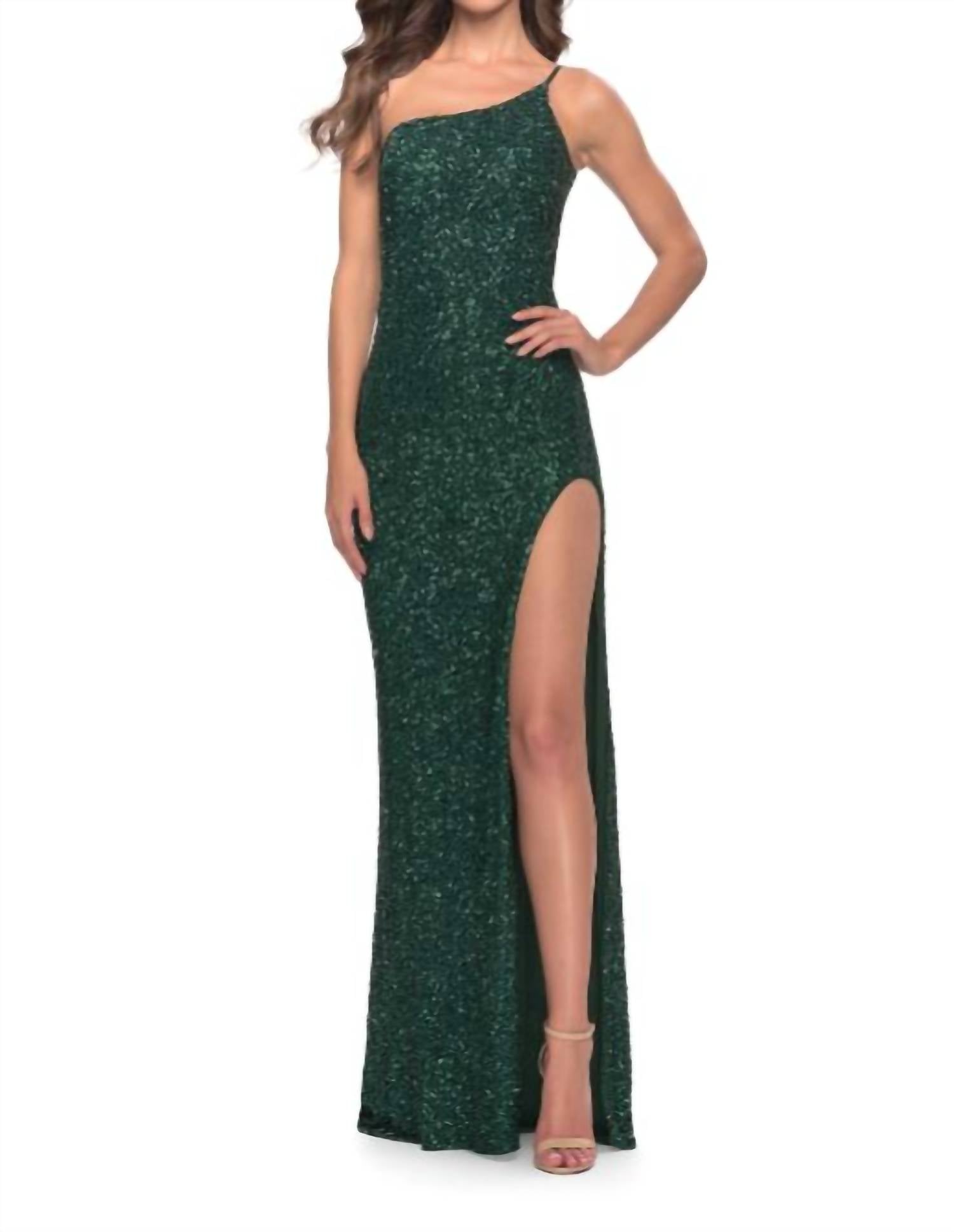 La Femme - One Shoulder Sequin With Slit Dress