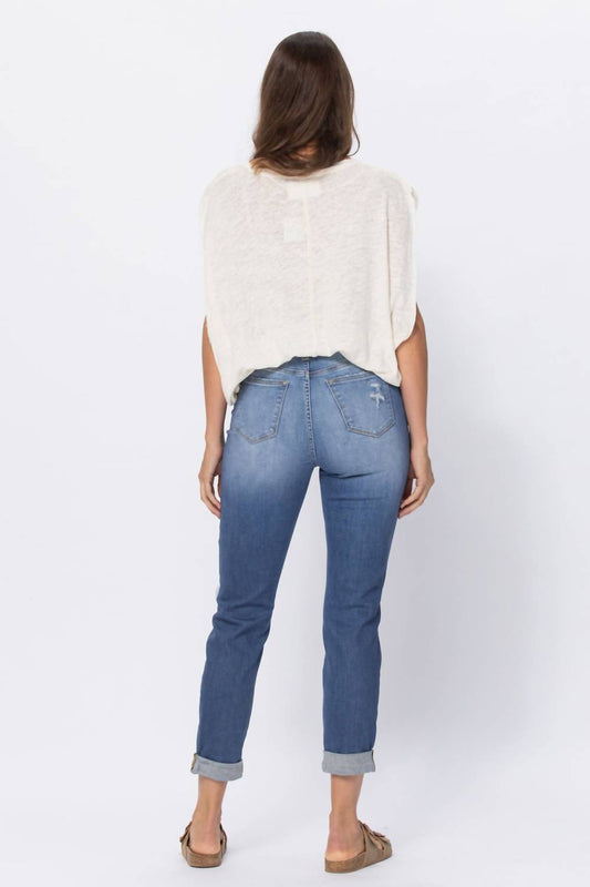 Judy Blue - High Waist Cuffed Distressed Boyfriend Jeans