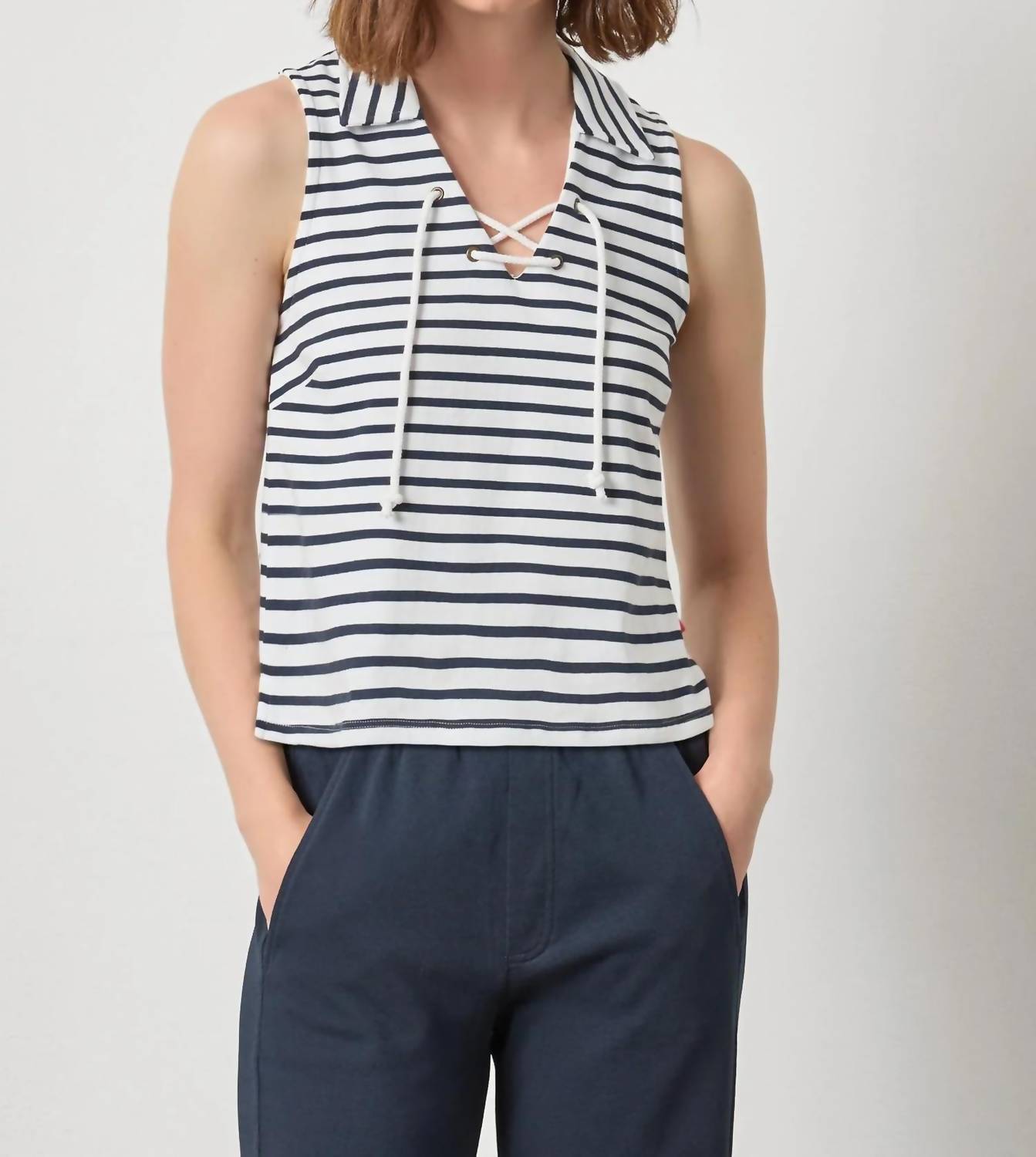 Lilla P - Striped Sleeveless Collared Top
