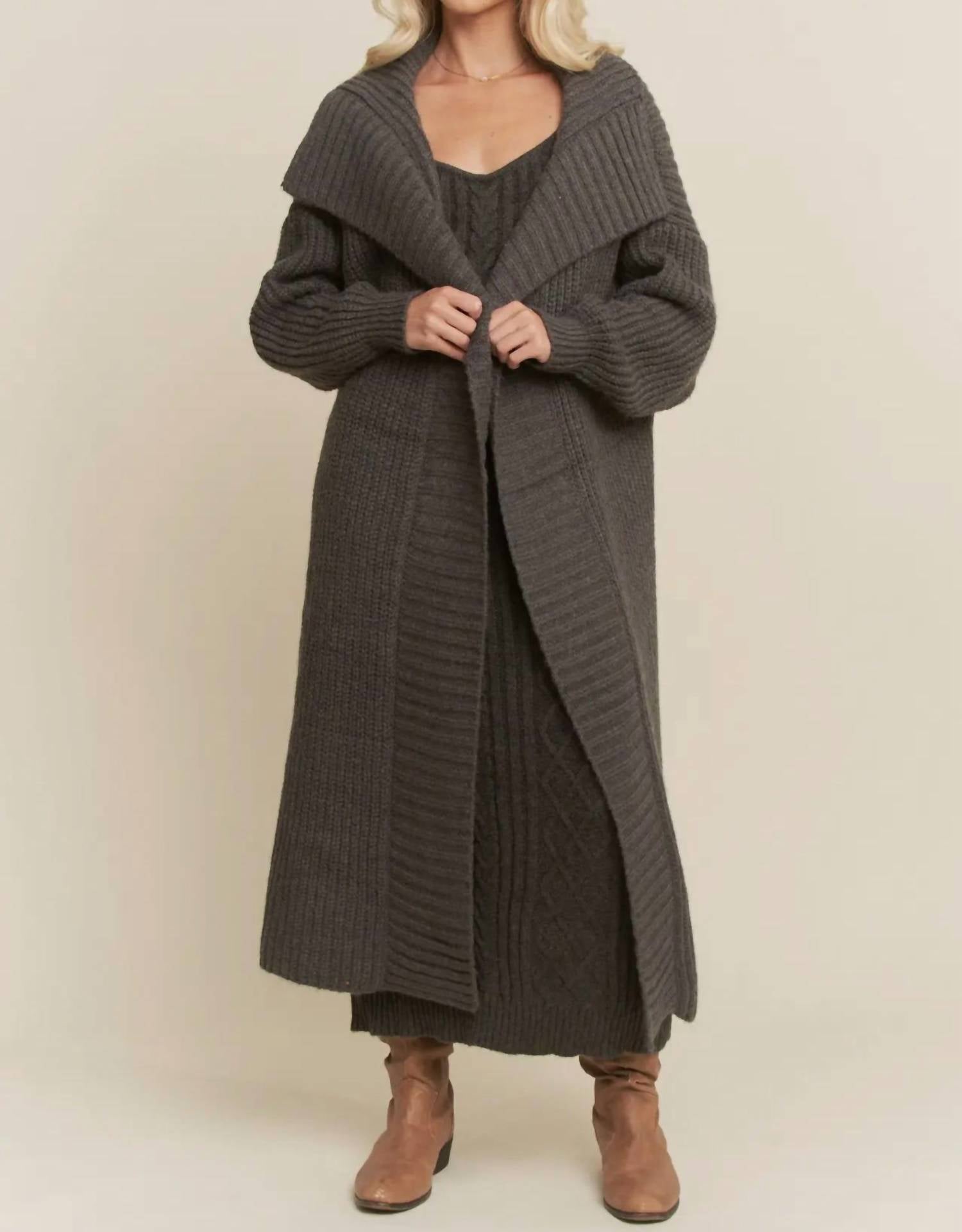 Davi & Dani - Ribbed Texture Cardigan with Matching Sweater Dress