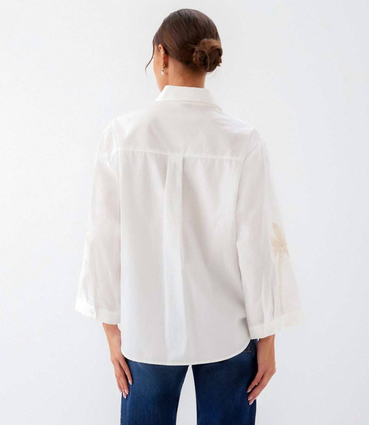 Karen Kane - Bell Sleeve Embroidered Palm Tree Shirt
