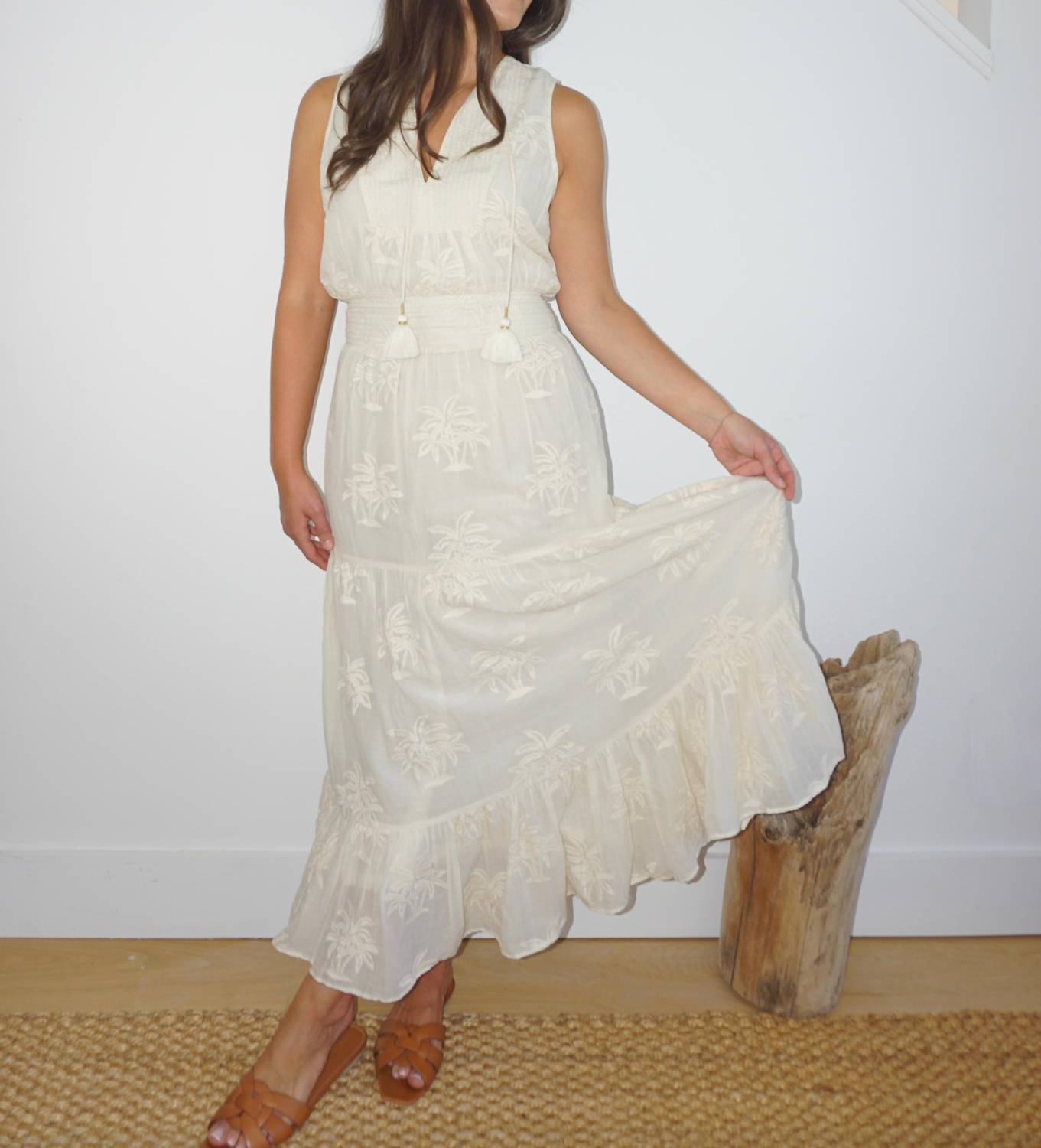 NIBI MTK Paloma Dress in cream palm embroidery - women's dress - detail view