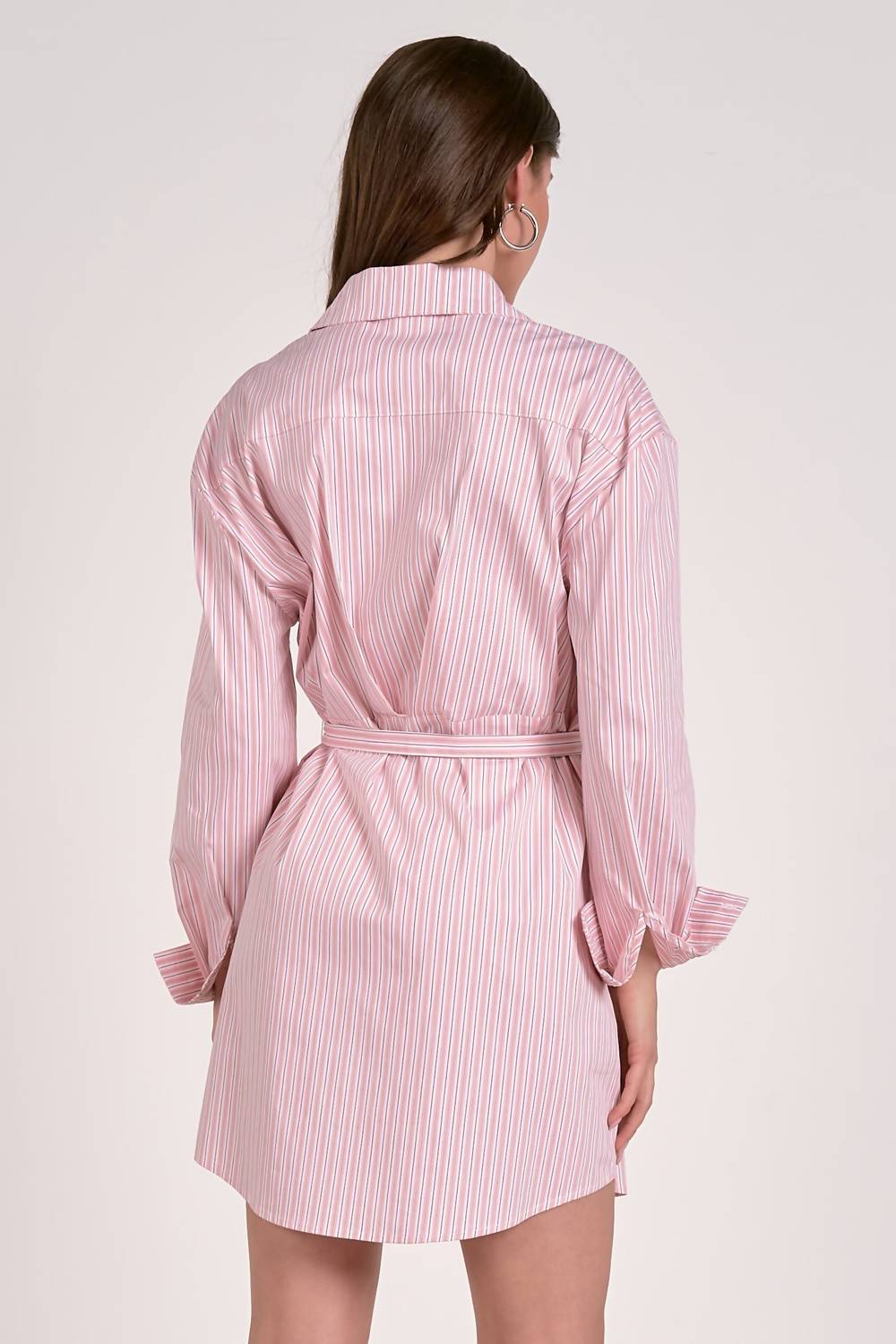 ELAN Long Sleeve Belted Shirt Dress in melon stripe - women's dress - detail view