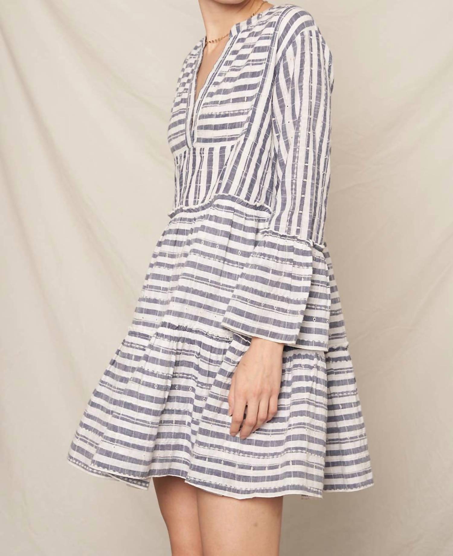 En Creme - 3/4 Sleeve Striped Tiered Mini Dress