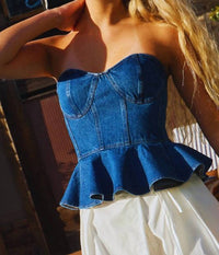 Bucketlist - Denim Strapless Bustier Peplum Top