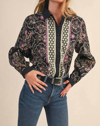&merci Miley Button Up Top in black multi - women's shirt