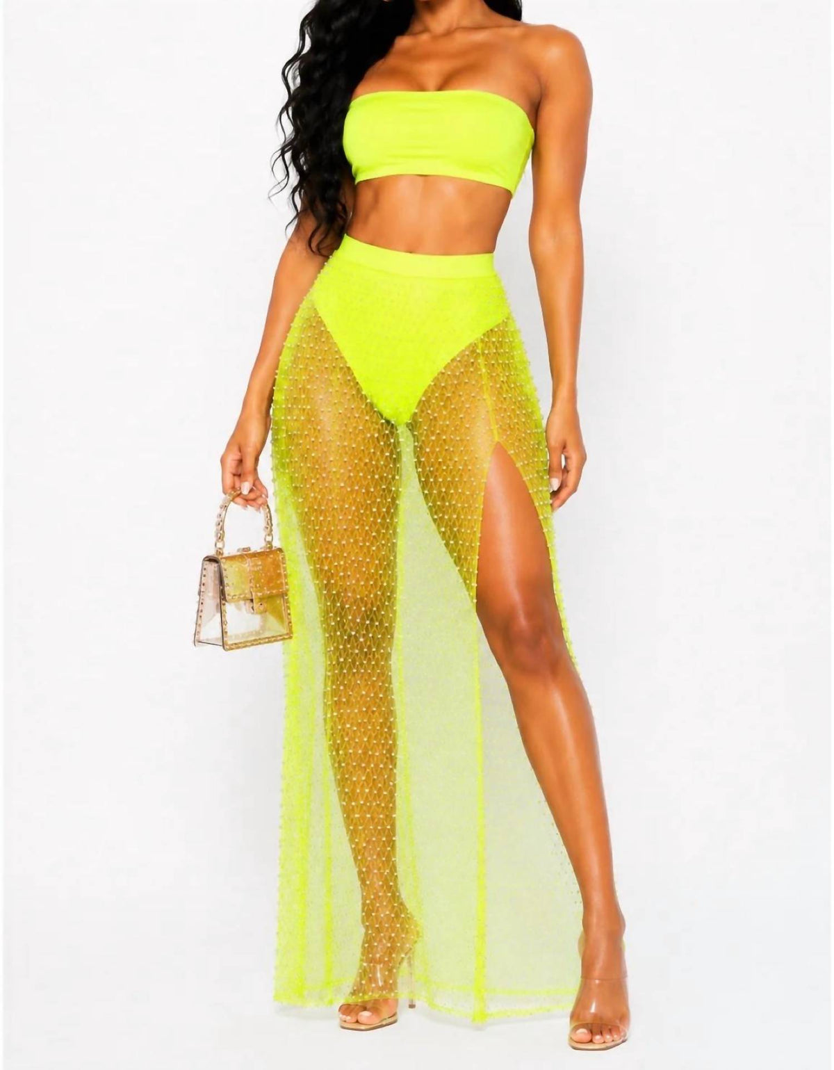 Hot & Delicious - Vacation Vibes High Waist Mesh Pearl Maxi Skirt