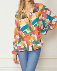 entro Abstract Button Down Blouse in fuchsia mix - women's blouse