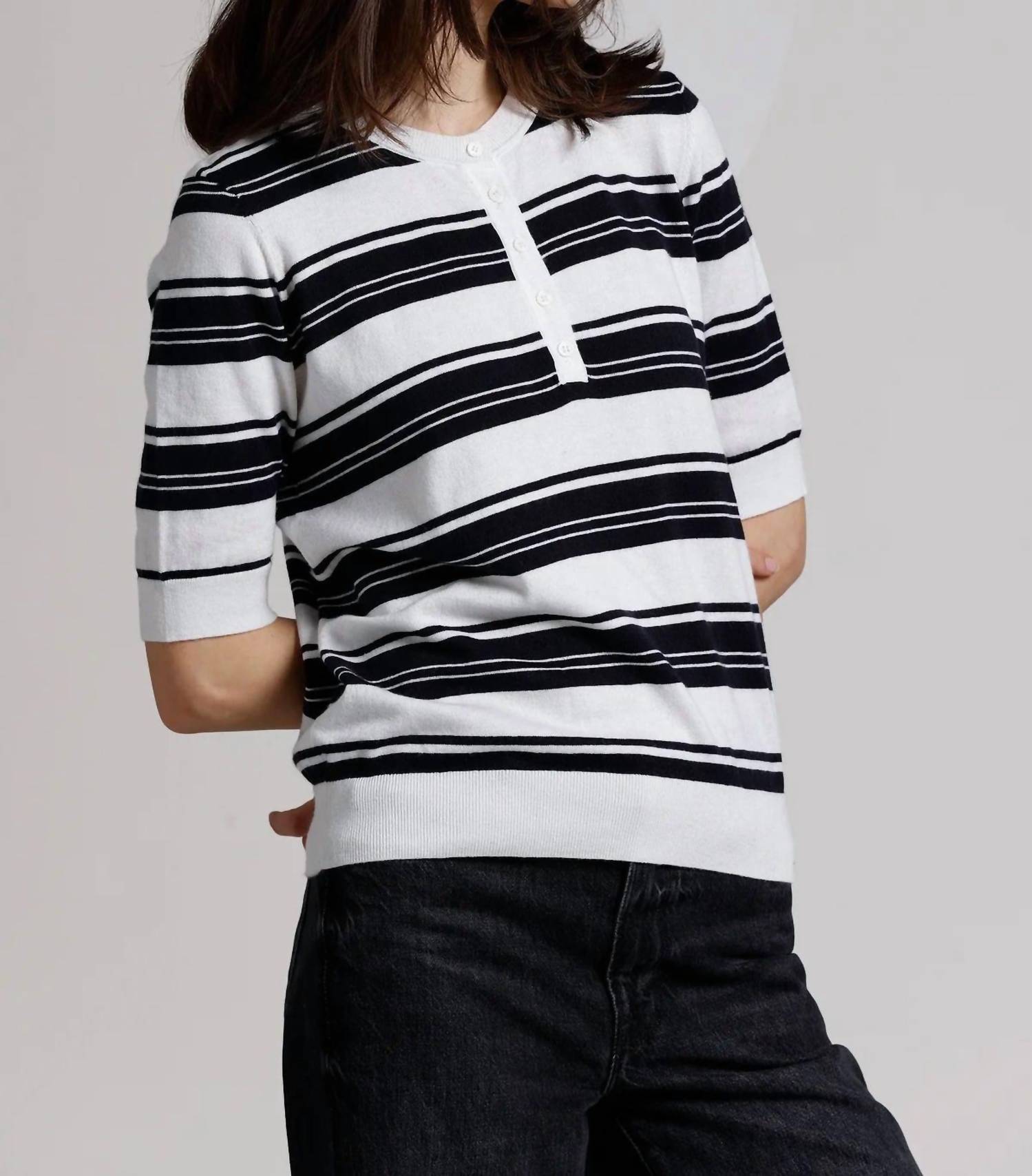 Minnie Rose - Striped Short Sleeve Henley Shirt