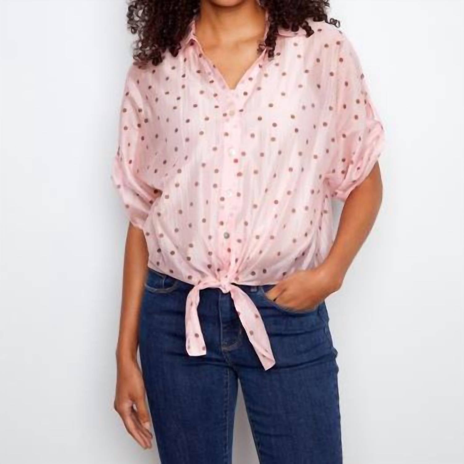 Charlie B - Printed Roll Up Dolman Sleeve Tie Front Blouse