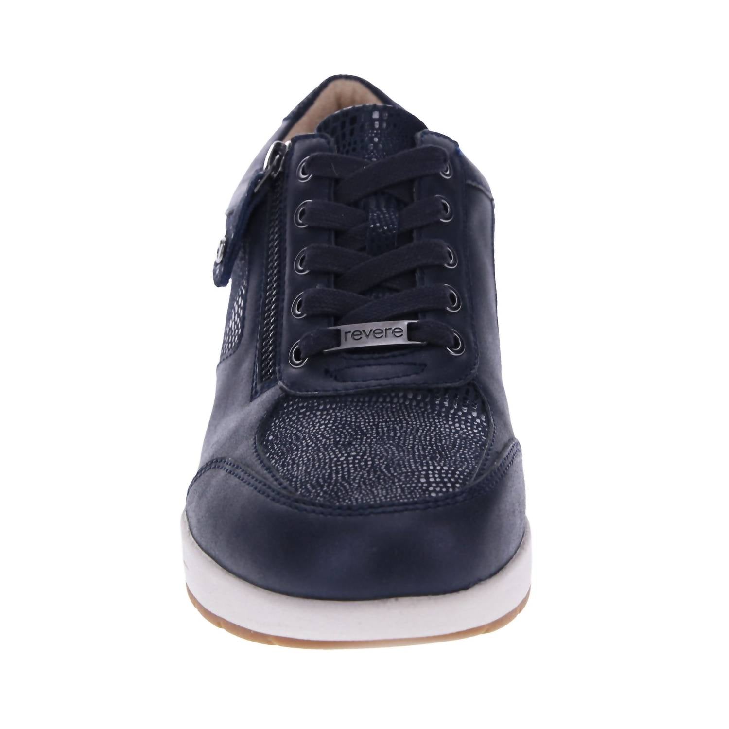 revere Women's Boston Sneaker in sapphire nvay lizard - women's sneaker - detail view