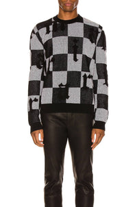 Amiri Logo Check Cashmere Crewneck Sweater in black white - men's sweater