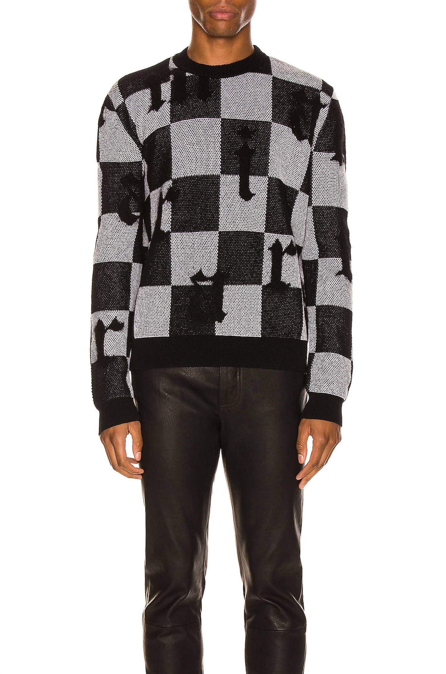 Amiri Logo Check Cashmere Crewneck Sweater in black white - men's sweater