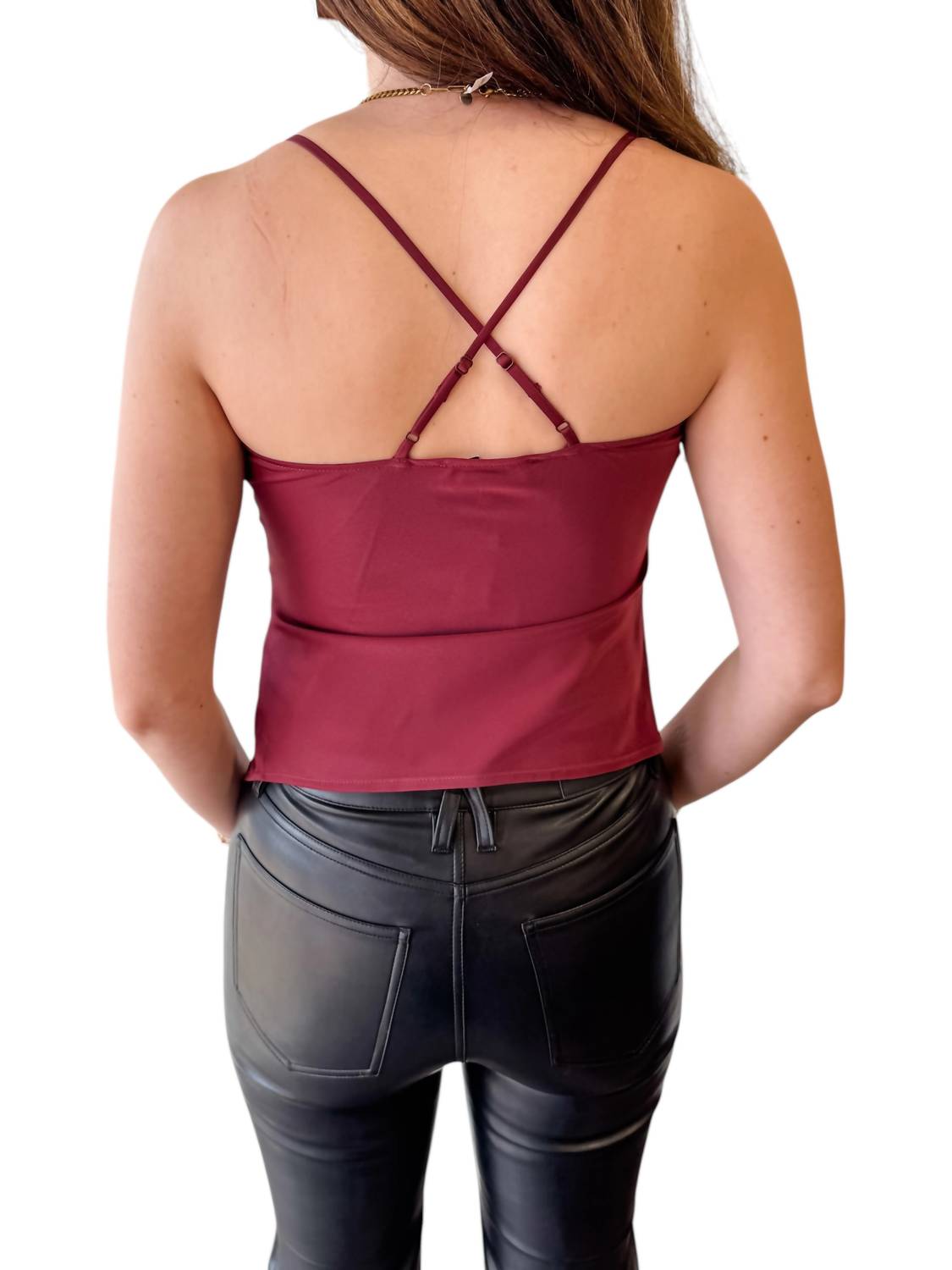 Habitual Merlot Nights Satin Cami Top in burgundy - women's shirt - alternate view
