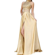 Sherri Hill Two Piece Beaded Halter High Slit Gown in gold - women's dress