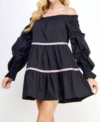 Strut & Bolt - Embroidered Trim Off The Shoulder Tiered Mini Dress