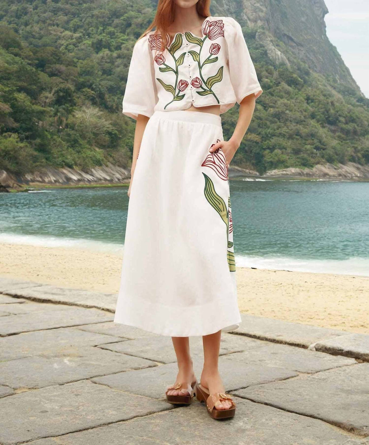 Farm Rio - Flower Embroidered Midi Skirt