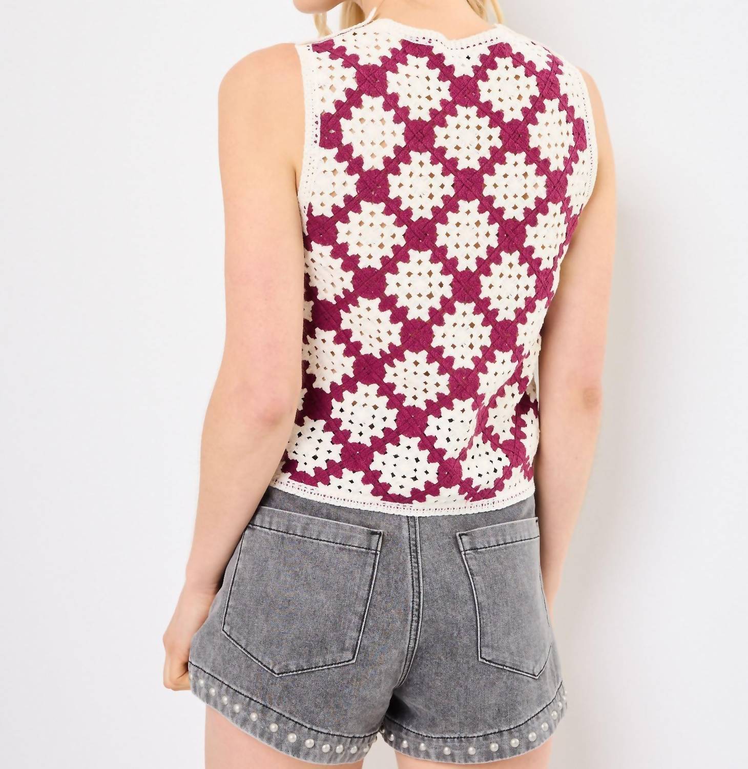 Suncoo Perida Crochet Tank Top in prune and cream - women's tank top - detail view
