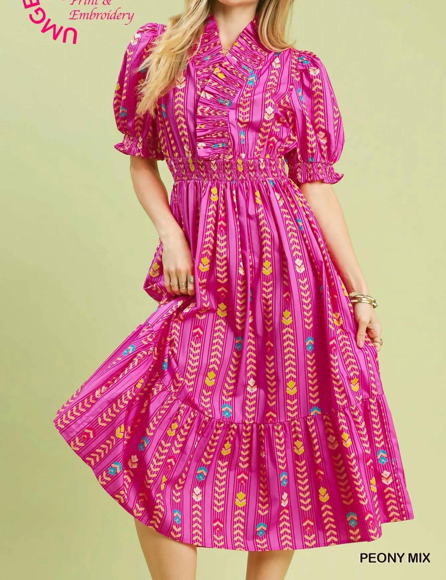 Umgee - Vibrant Ruffle Smocked Midi Dress