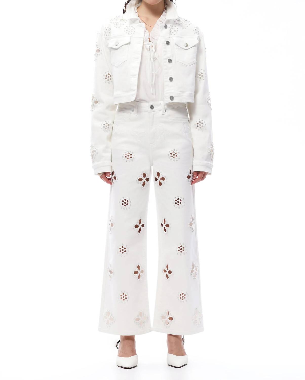 Bayeas - Eyelet And Pearl Embellished High Rise Straight Jeans