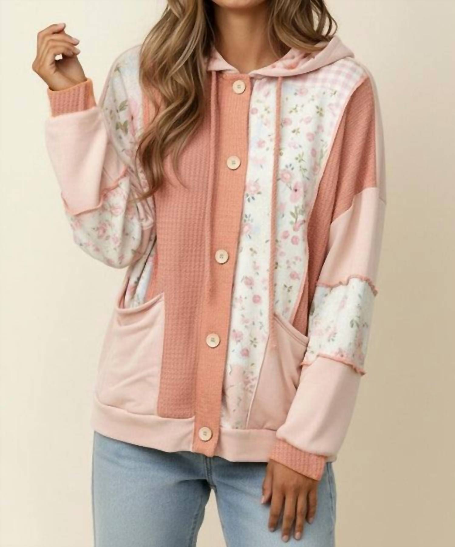 Haptics - Button Waffle Hooded Cardigan