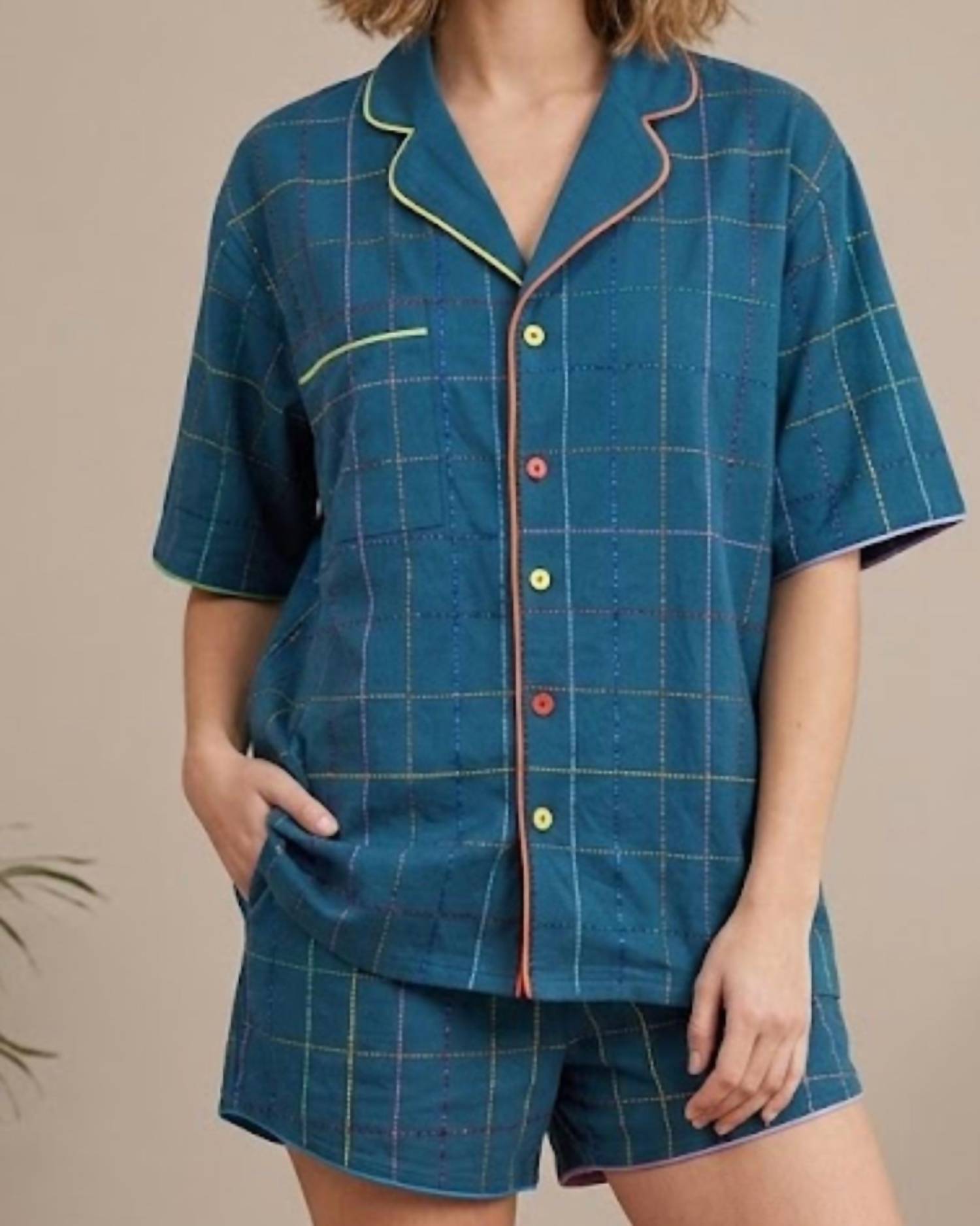 QUEEN OF SPARKLES Rhinestone Plaid Pajamas Set in teal - women's sleepwear - detail view