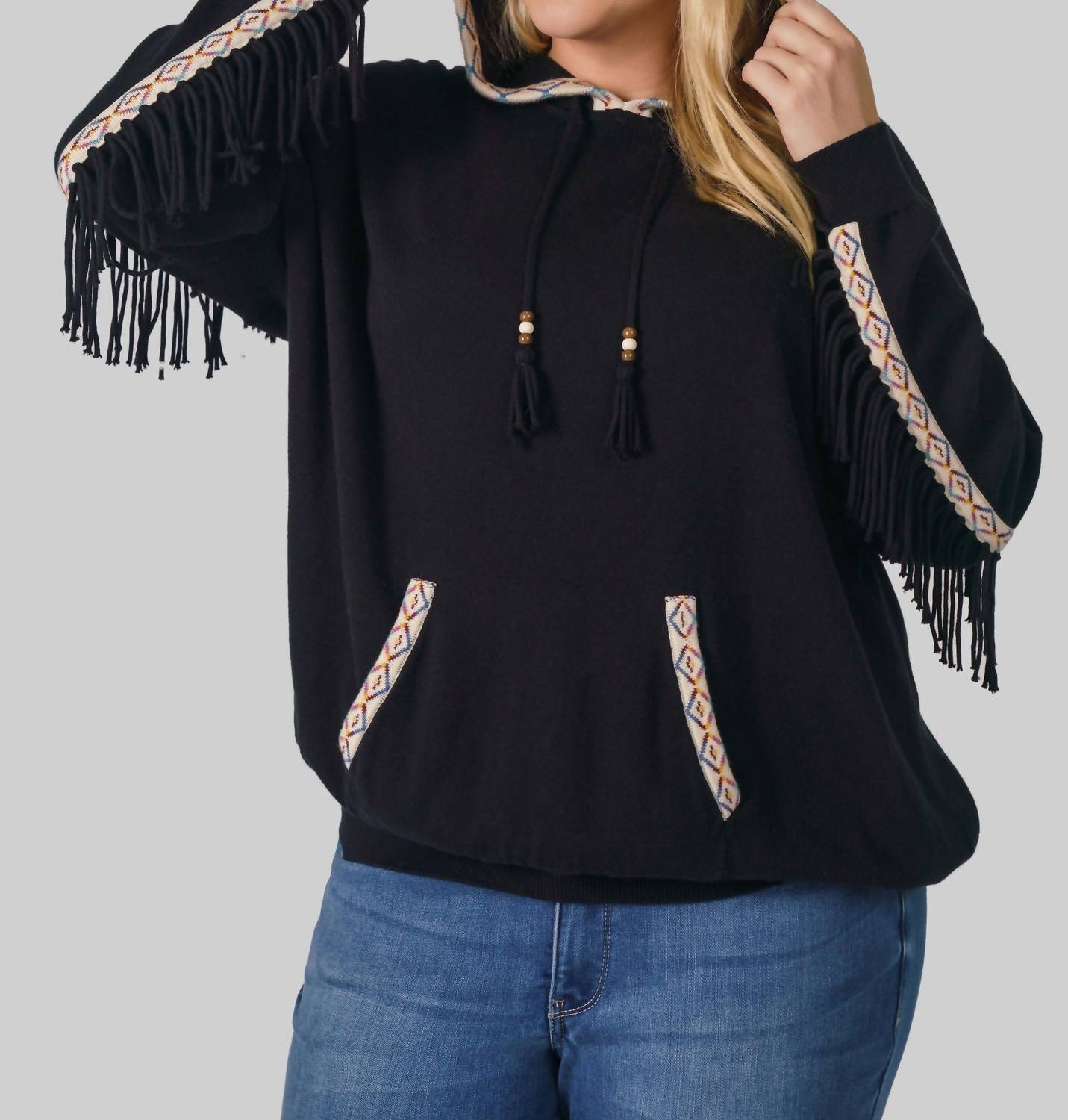 Minnie Rose - Cotton Cashmere Embroidered Fringe Hoodie - Plus