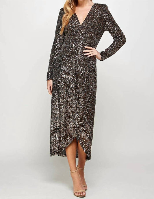 See And Be Seen - Long Sleeve Sequin Faux Wrap Dress