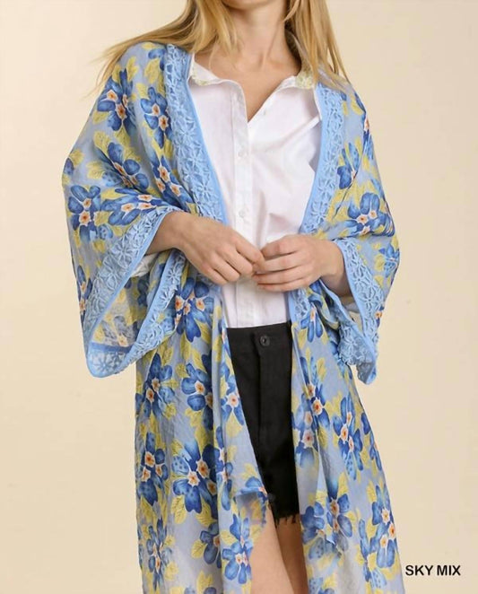 Sheer Floral Print Open Front Kimono With Crochet Detail