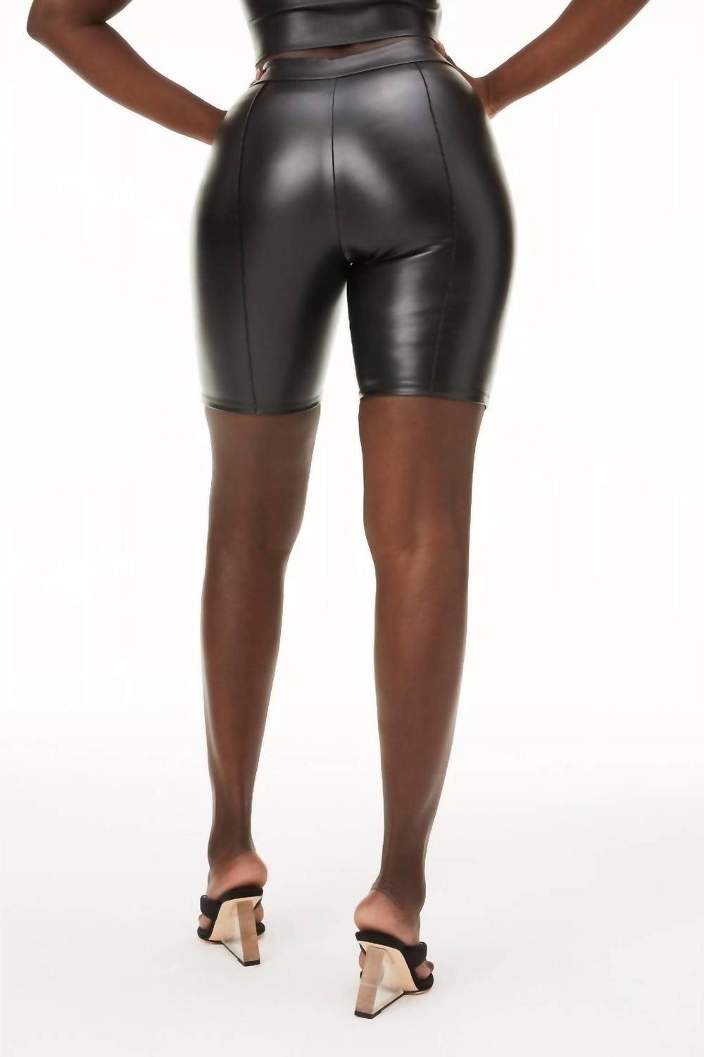 GOOD AMERICAN Leather Bike Short in black - women's shorts - detail view