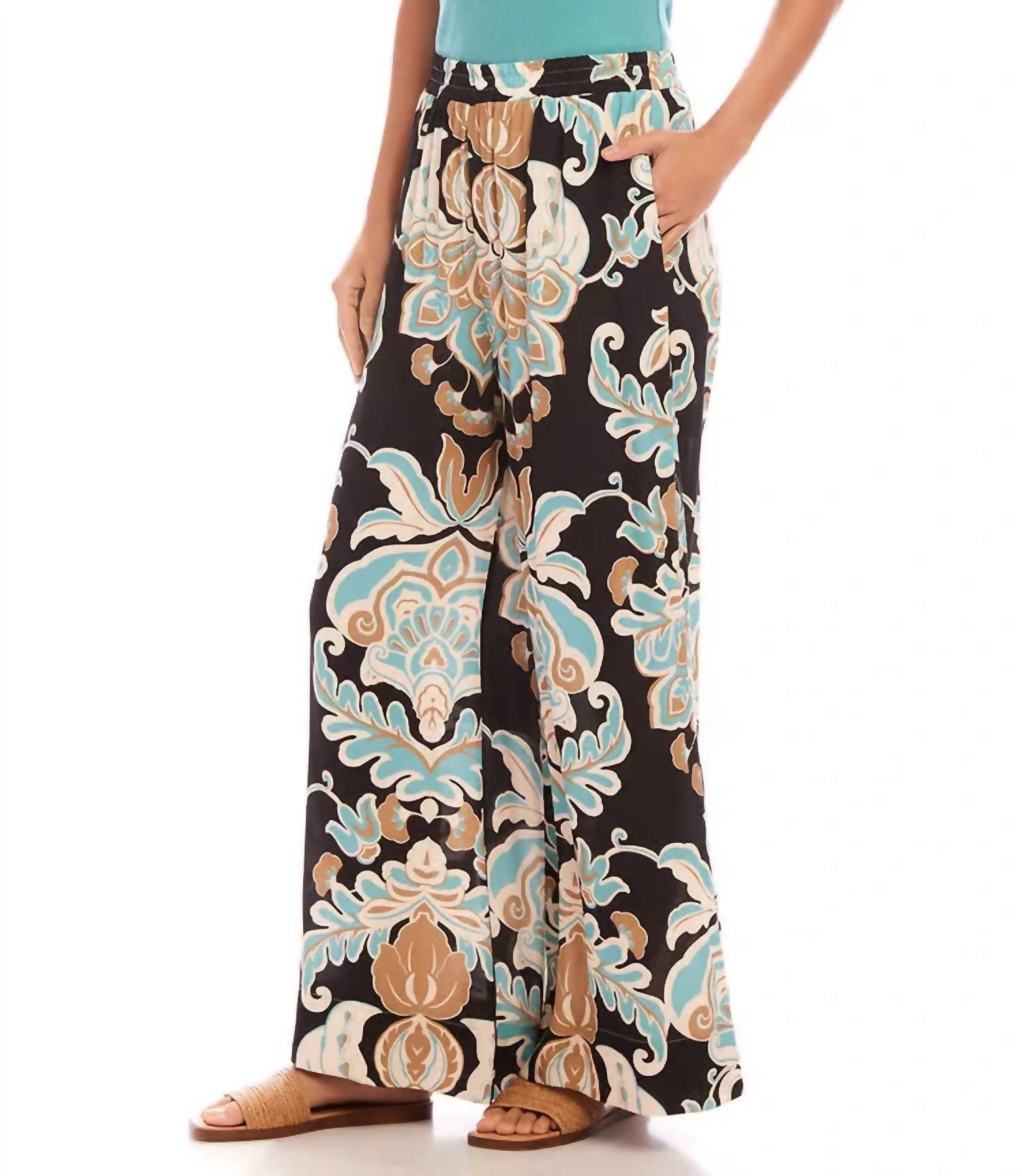 Karen Kane Wryn Wide Leg Pants in damask floral print - women's pants - detail view