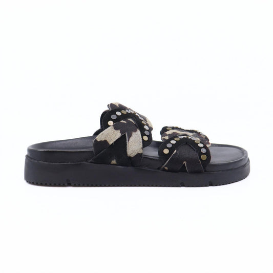 Free People - Women's Leo Studded Leather Cow Print Banded Flat Slide Sandals