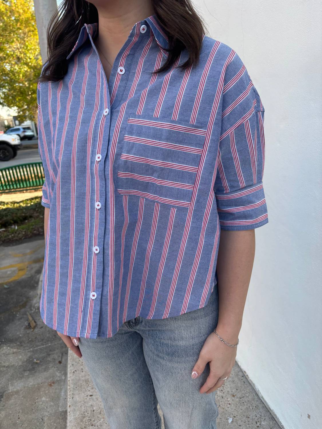 Joy Joy Stripe Button Short Sleeve Top in blue - women's shirt - alternate view
