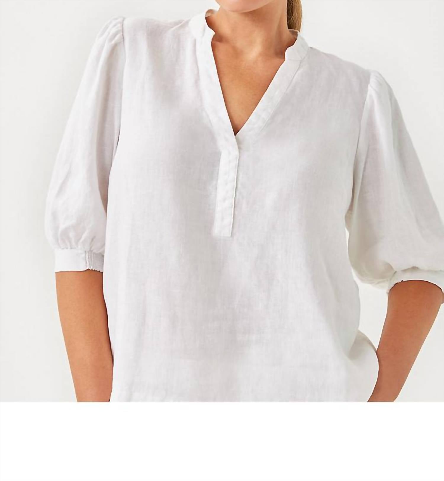 Lilly Pulitzer Mialeigh Elbow Sleeve Linen Top in resort white - women's blouse - detail view