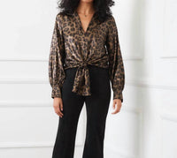 Karen Kane Long Sleeve Tie-Front Top in leopard 1 - women's blouse - view 4