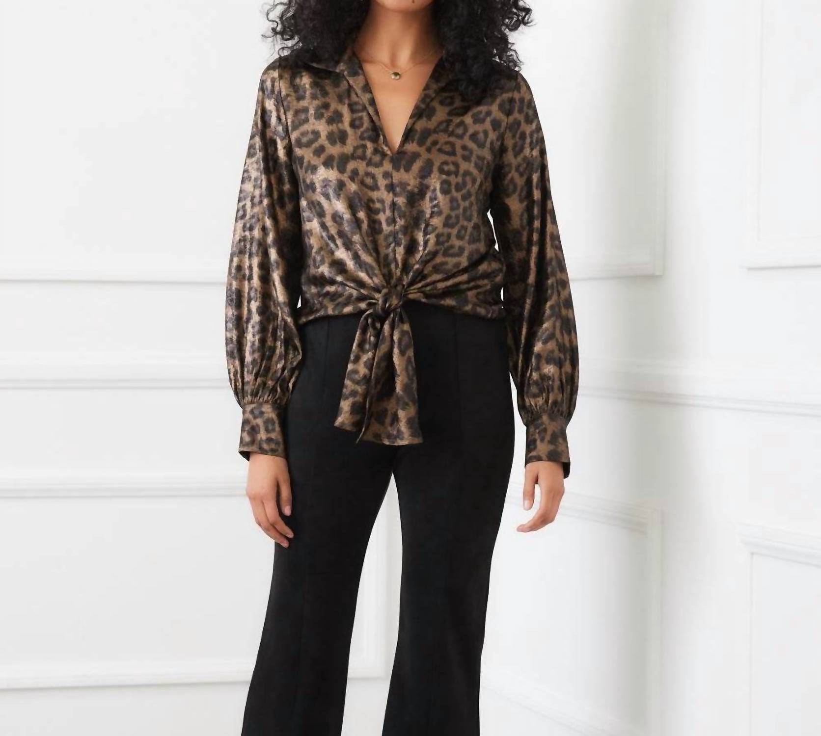 Karen Kane Long Sleeve Tie-Front Top in leopard 1 - women's blouse - view 4