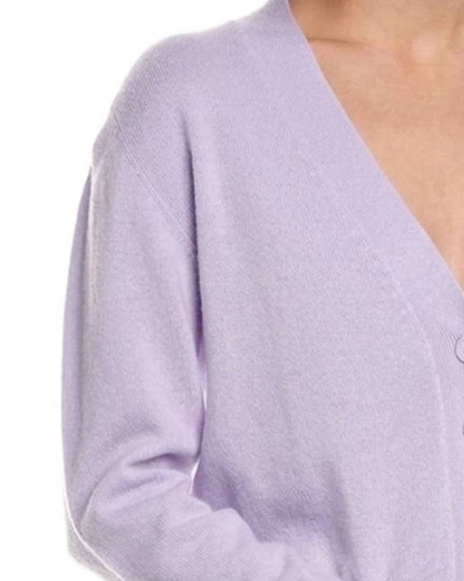 Brodie Cashmere Boxy Cropped Cardigan in lavender - women's cardigan - detail view