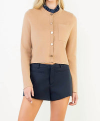 THML Ruffle Trim Neckline Button Up Cardigan in beige - women's cardigan - detail view