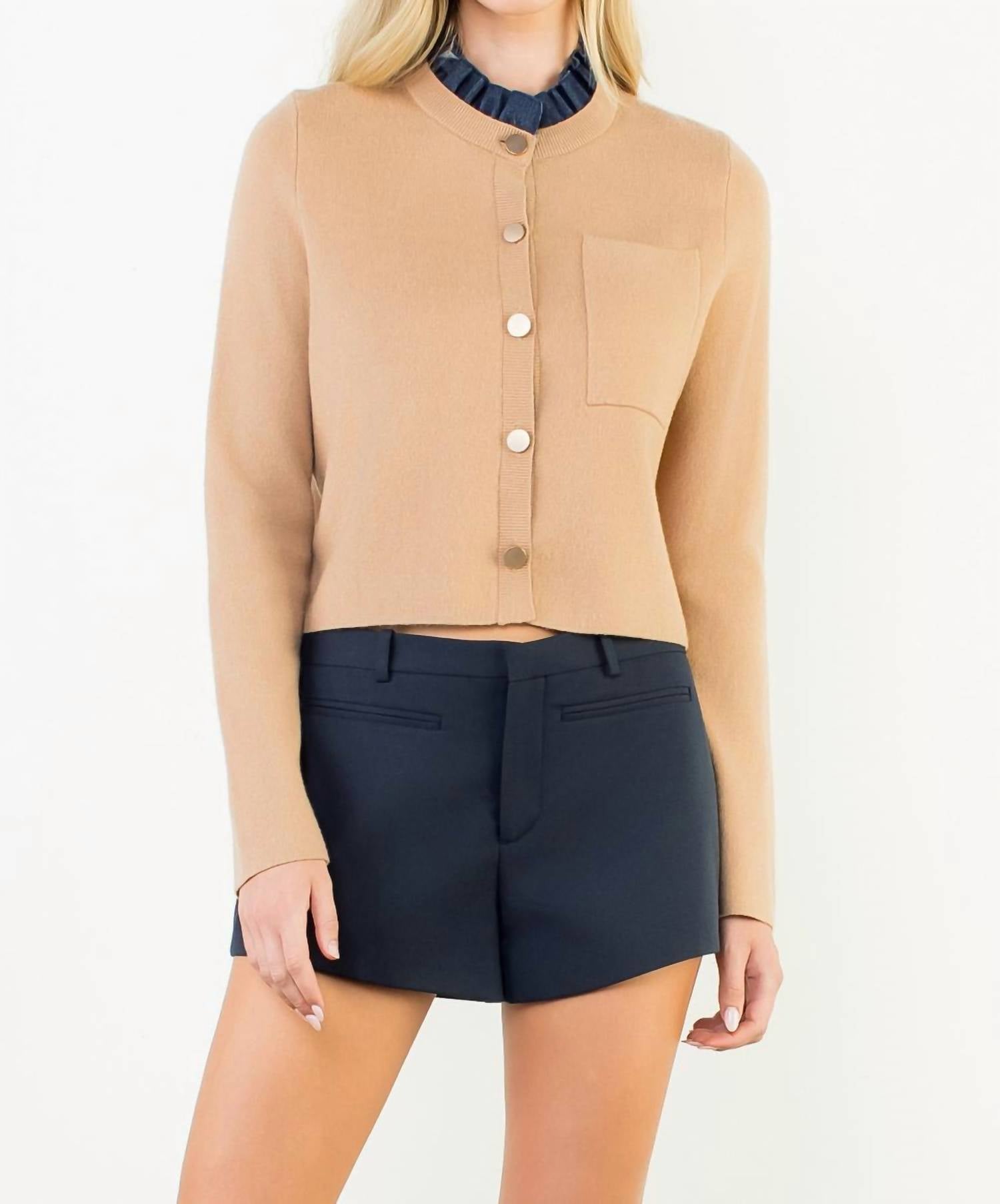 THML Ruffle Trim Neckline Button Up Cardigan in beige - women's cardigan - detail view